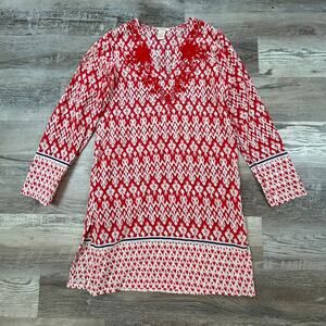 Sundance Red Embroidered Cotton Tunic Dress Ikat Print Boho Beach Coverup S